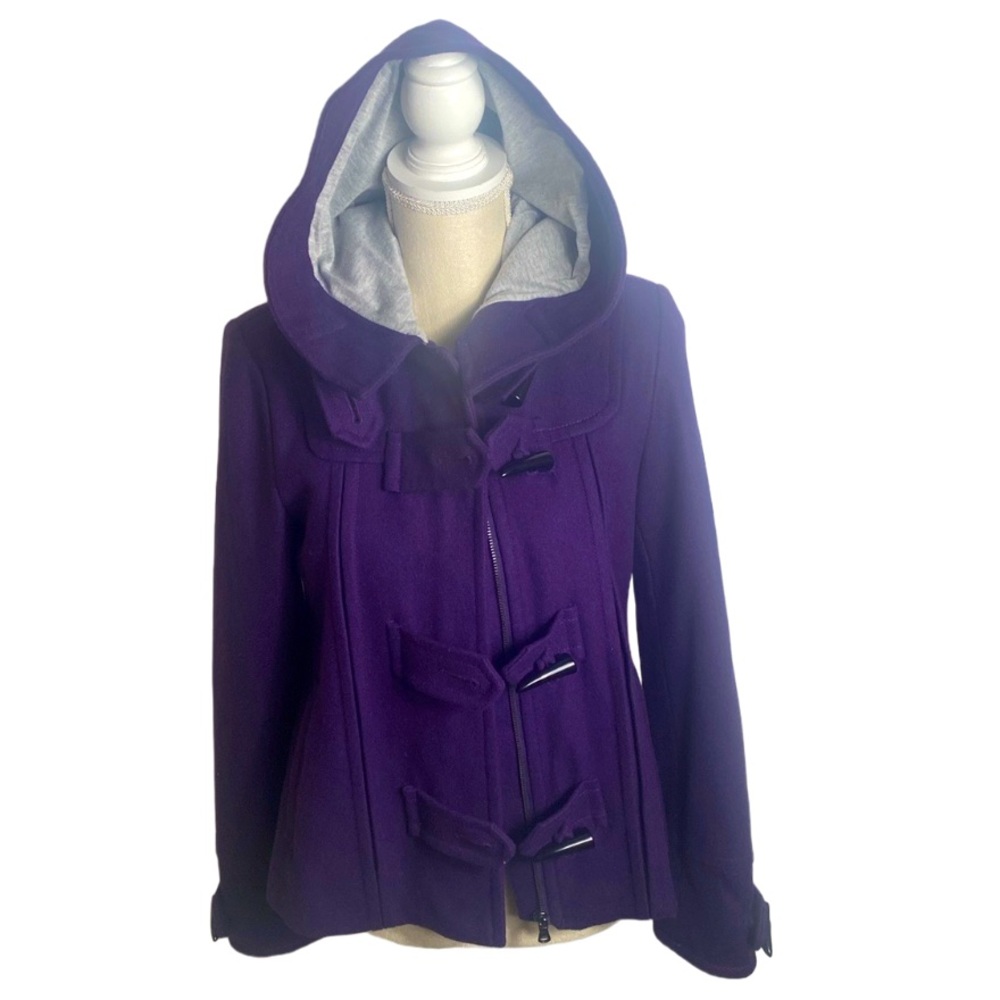 GUESS Los Angeles Pea Coat Hood Purple Horn Closures Zipper Wool Blend Small